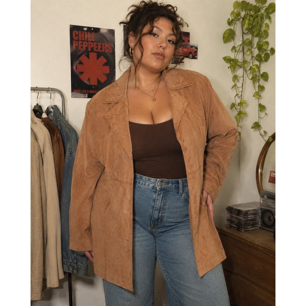 Vintage Y2K Women's Orange Suede‎ Leather Jacket Braided Trim- Size 18W